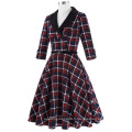 Belle Poque Retro Vintage Grid Pattern 3/4 Sleeve Lapel Collar Cotton Swing Party Picnic Dress BP000259-1